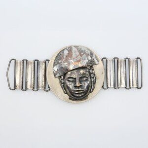 Vintage Temple Mask Style SE Asian Face Belt Buckle With Etched Flower Headdress
